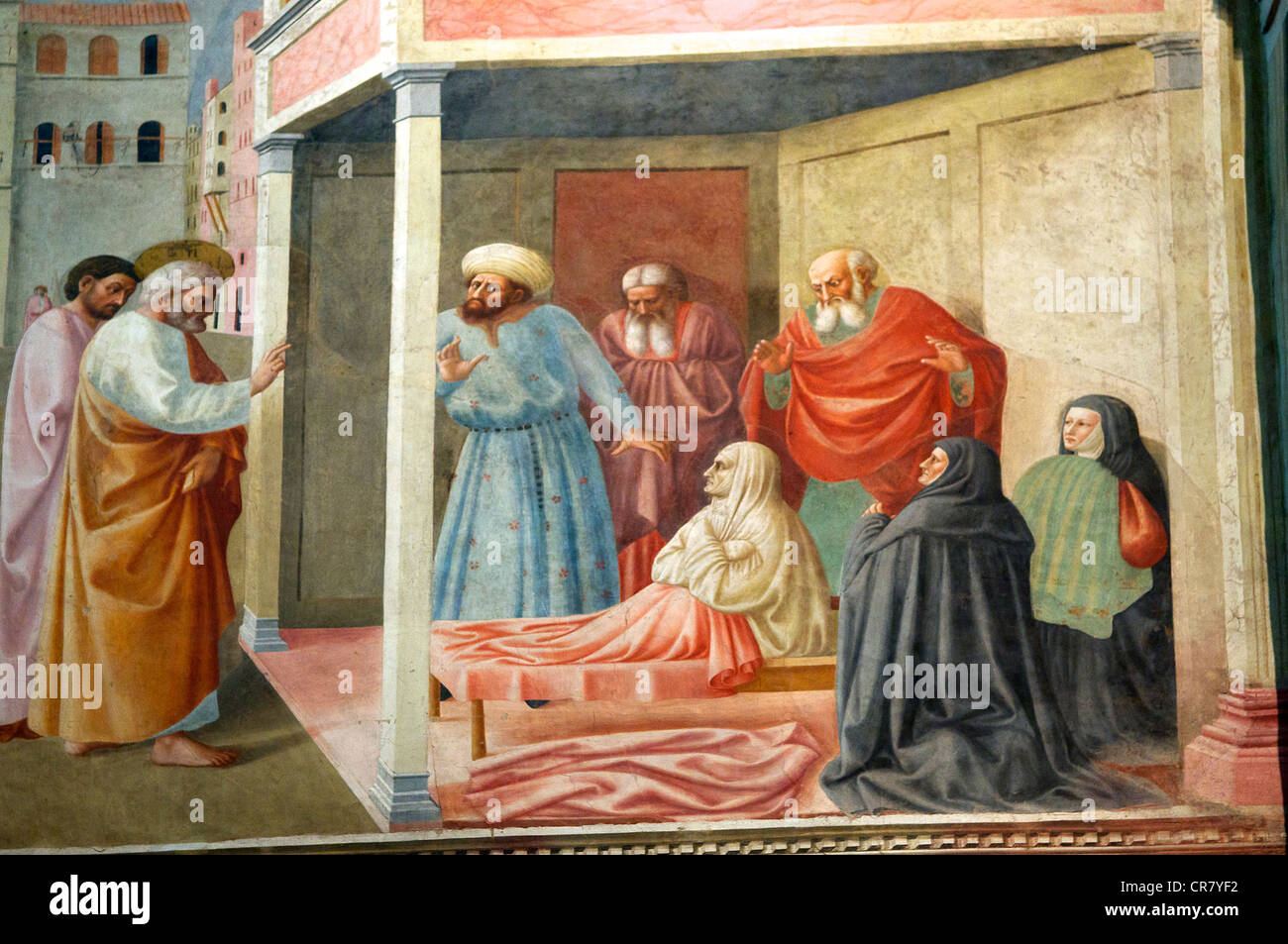 La resurrezione di Tabita di Masolino Cappella Brancacci di Santa Maria del Carmine a Firenze Italia Foto Stock