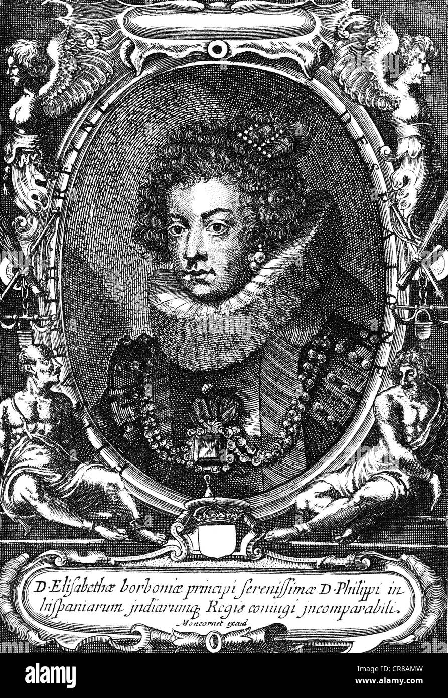 Elisabetta di Valois, 2.4.1545 - 3.10.1568, regina di Spagna 21.6.1559 - 30.10.1568, ritratto, incisione su rame, XVI secolo, artista del diritto d'autore non deve essere cancellata Foto Stock