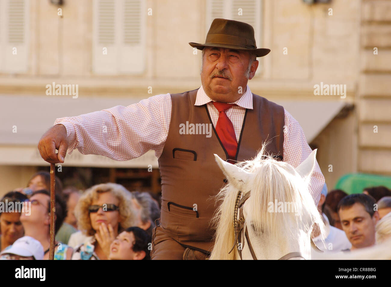 Francia, Vaucluse, Avignone, Avignon festival, parata di apertura del festival con i mandriani (protezioni) e i cavalli Camargue Foto Stock