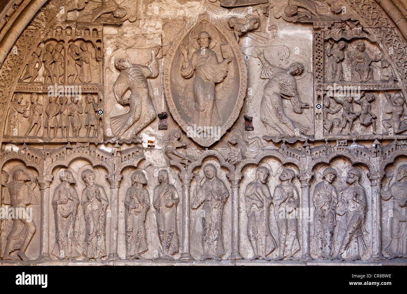 Francia, Lot, Cahors, la Cattedrale di Saint Etienne, statue del portale nord Foto Stock