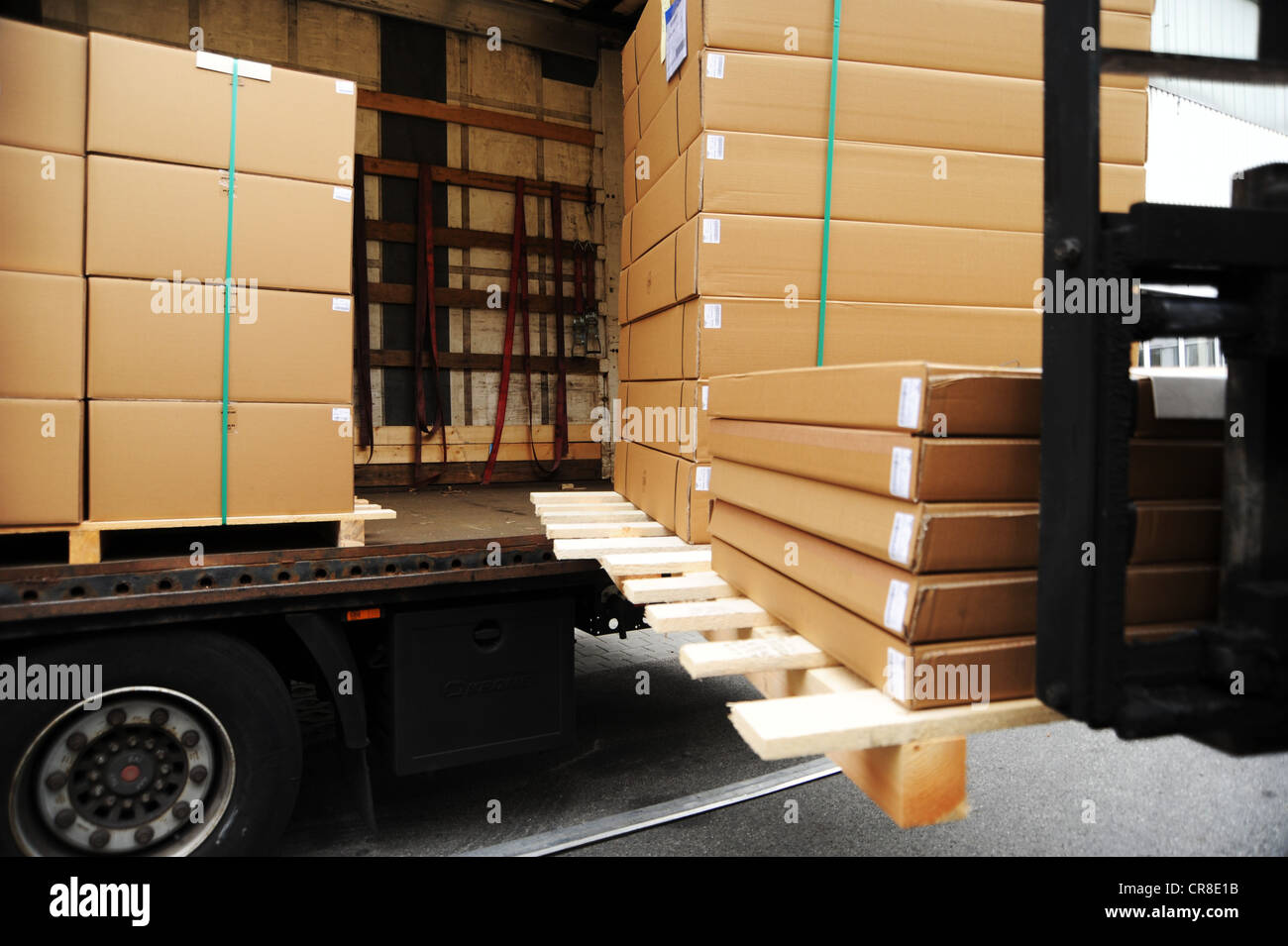 Logistica, scatole di caricamento con un carrello elevatore a forche su un camion, Monaco di Baviera, Germania, Europa Foto Stock