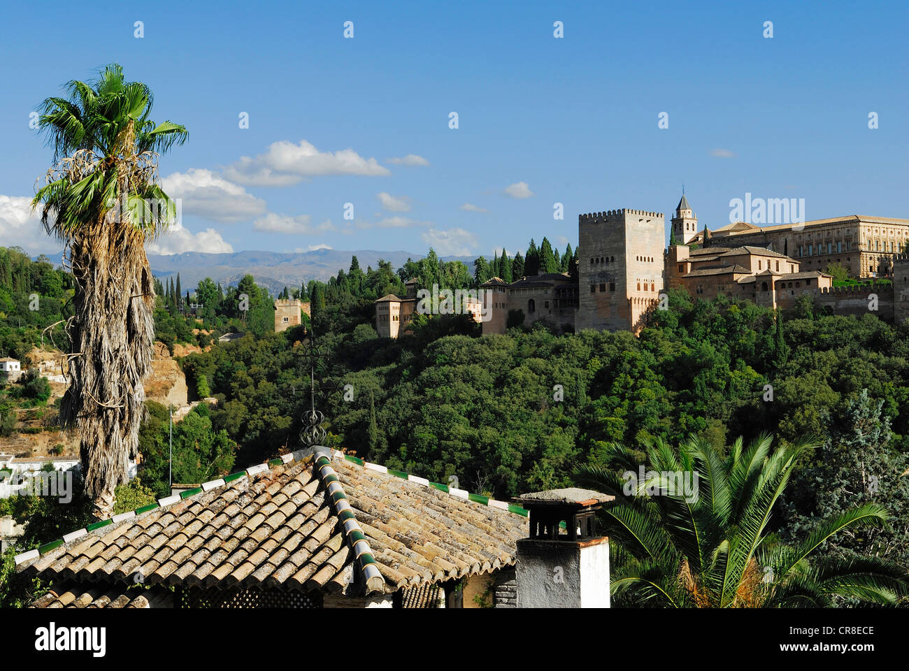 Spagna, Andalusia, Granada, il Palazzo Alhambra e il Generalife, patrimonio mondiale dell UNESCO, vista da San Nicolas torre di avvistamento, Foto Stock