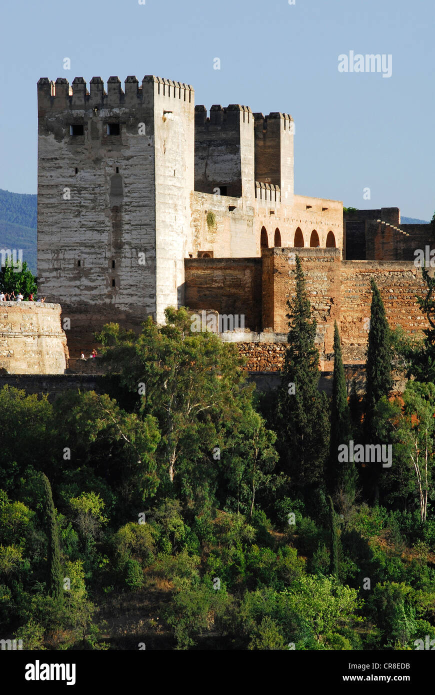 Spagna, Andalusia, Granada, l'Alcazaba dell'Alhambra Palace, patrimonio mondiale dell UNESCO, vista da San Nicolas torre di avvistamento, Foto Stock