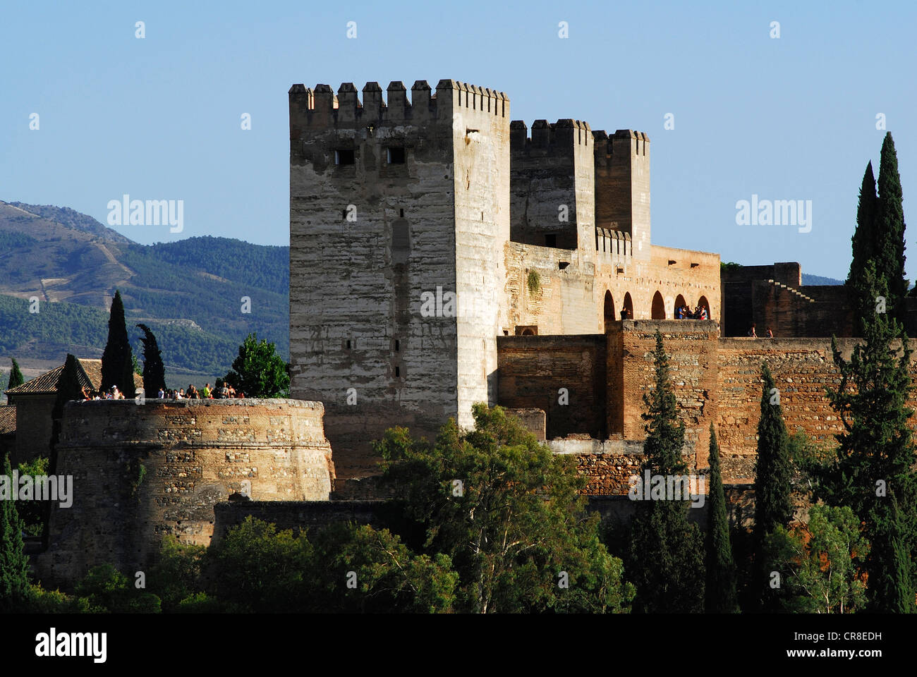 Spagna, Andalusia, Granada, l'Alcazaba dell'Alhambra Palace, patrimonio mondiale dell UNESCO, vista da San Nicolas torre di avvistamento, Foto Stock