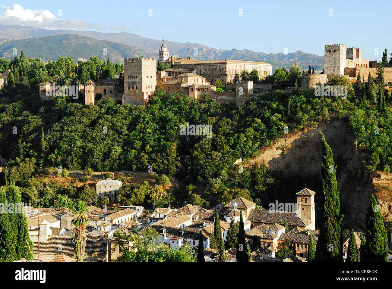 Spagna, Andalusia, Granada, il Palazzo Alhambra e il palazzo di Carlo V, patrimonio mondiale dell UNESCO, vista da San Nicolas Foto Stock