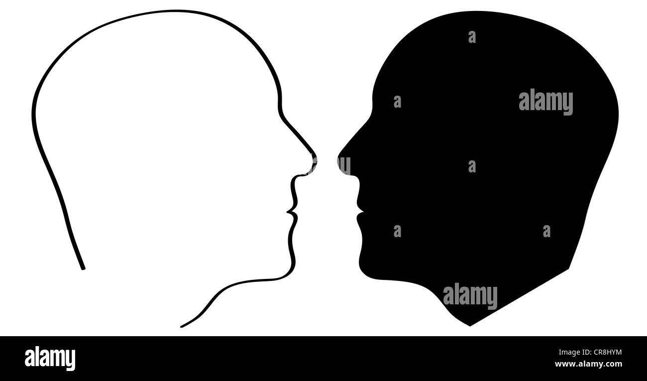 Due teste illustrata faccia a faccia. Tutto su sfondo bianco. Foto Stock