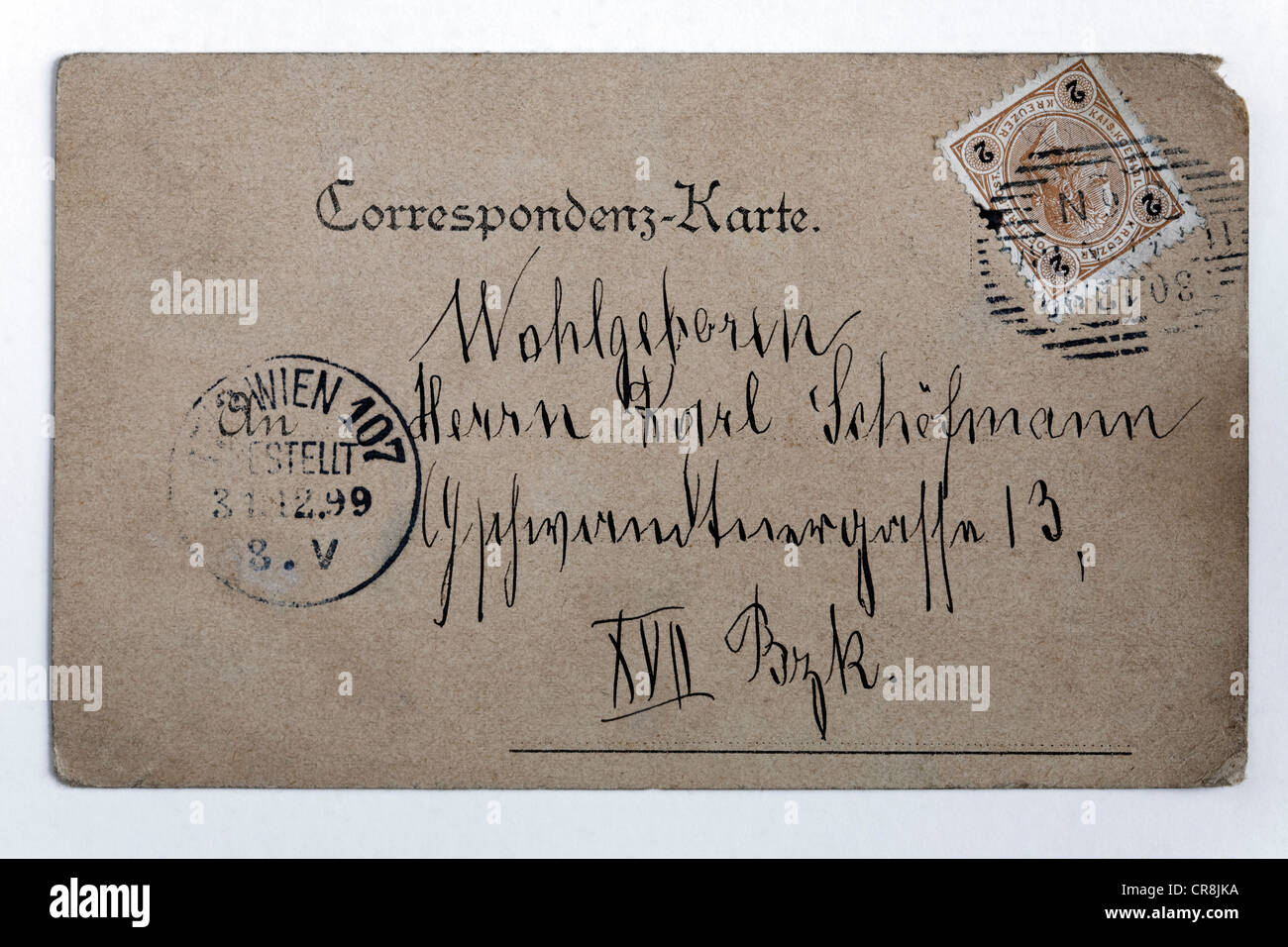 Cartolina storica con indirizzo e timbro dell'epoca dell'Impero Austriaco, Vienna, Austria, con timbro postale 1899 Foto Stock