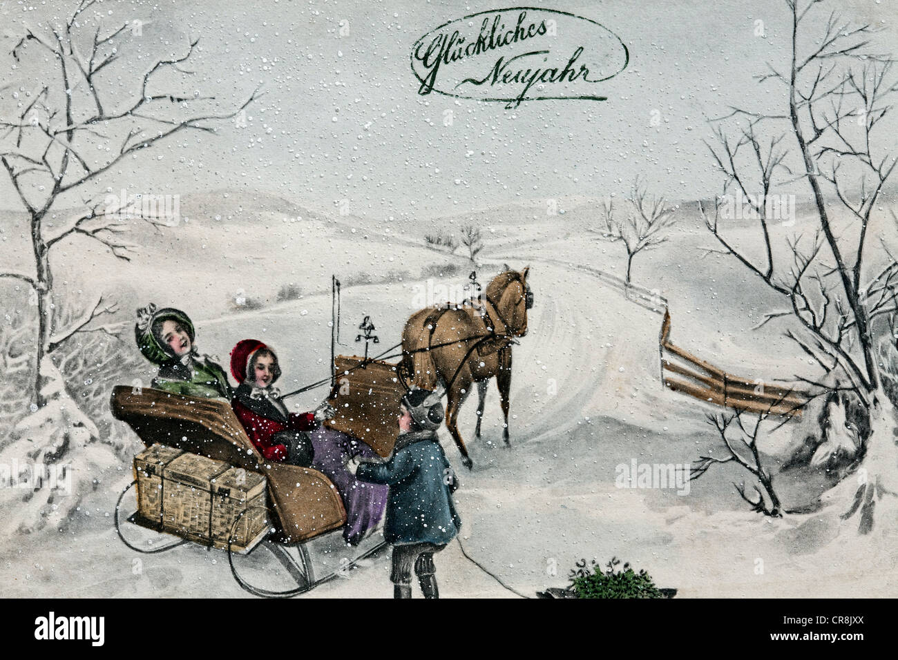 Felice Anno Nuovo, bambini facendo una gita in carrozza nella neve, storico cartolina, circa 1900 Foto Stock