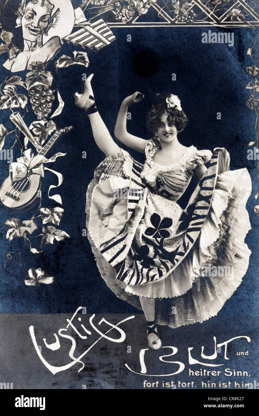Lettering 'lustig Blut", tedesco per "funny sangue", can-can ballerina calci gamba in alto, fotomontaggio, cartolina storica Foto Stock