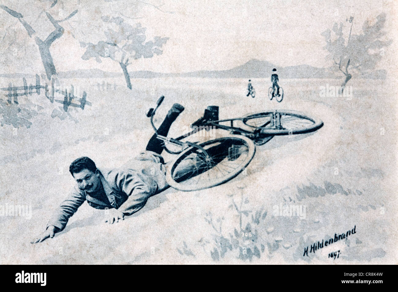 L'uomo caduto bike, storico cartolina, intorno al 1900 Foto Stock