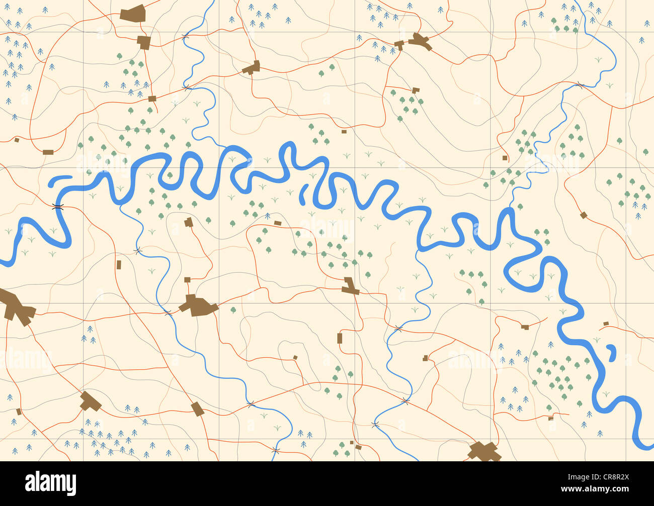 Illustrato mappa generica di un meandro lungo la valle del fiume Foto Stock