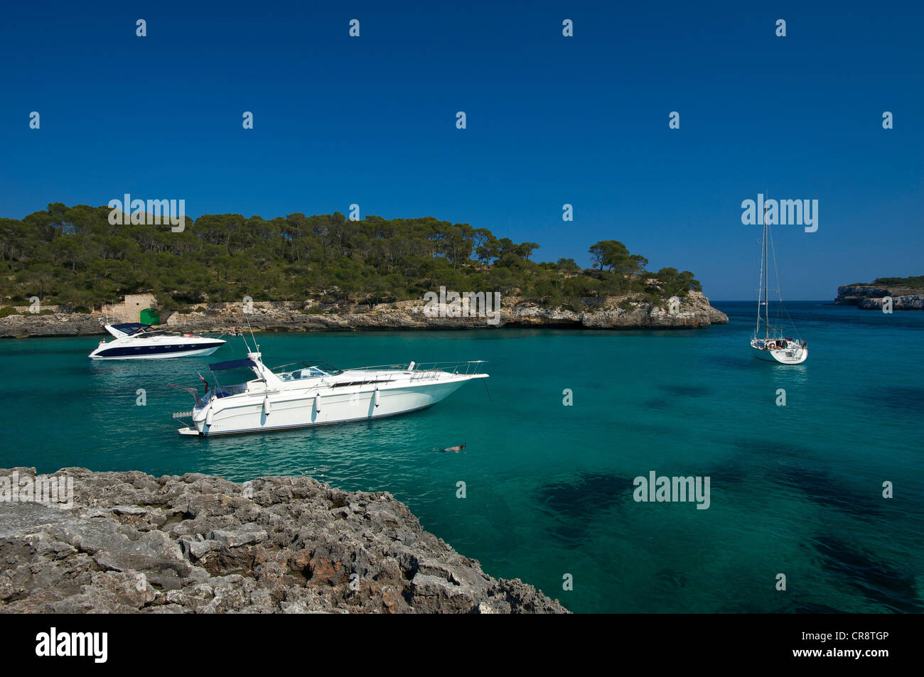 Barche, Cala Mondrago, Maiorca, isole Baleari, Spagna, Europa Foto Stock