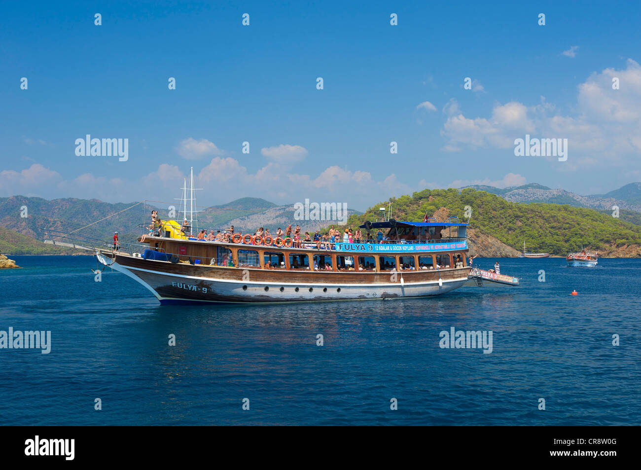 "Blaue Reise', Guellet excusion barca sulla costa turca dell'Egeo nei pressi di Fethiye, Turchia Foto Stock