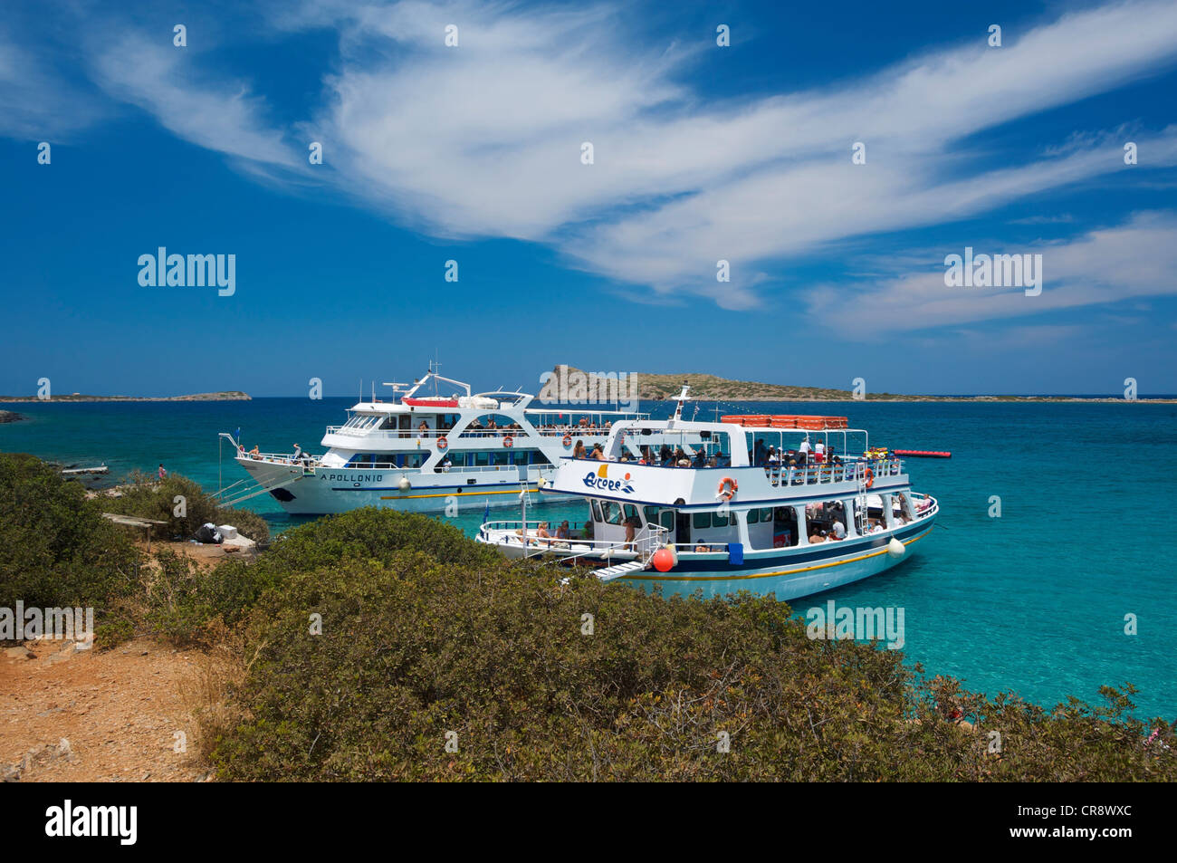 Gite in barca sulla spiaggia di Kolokythas su Spinalonga in Elounda, Creta, Grecia, Europa Foto Stock
