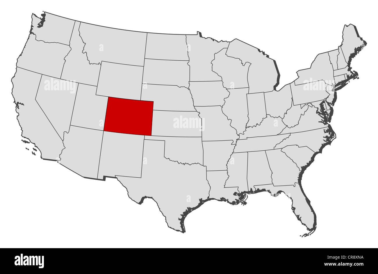 Mappa politica degli Stati Uniti con i vari Stati in cui il Colorado è evidenziata. Foto Stock