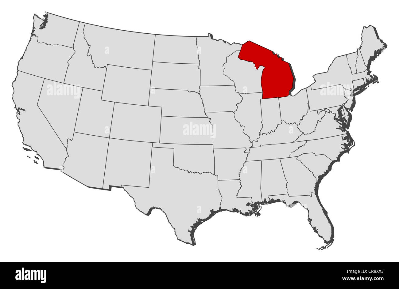 Mappa politica degli Stati Uniti con i vari Stati in cui Michigan è evidenziata. Foto Stock