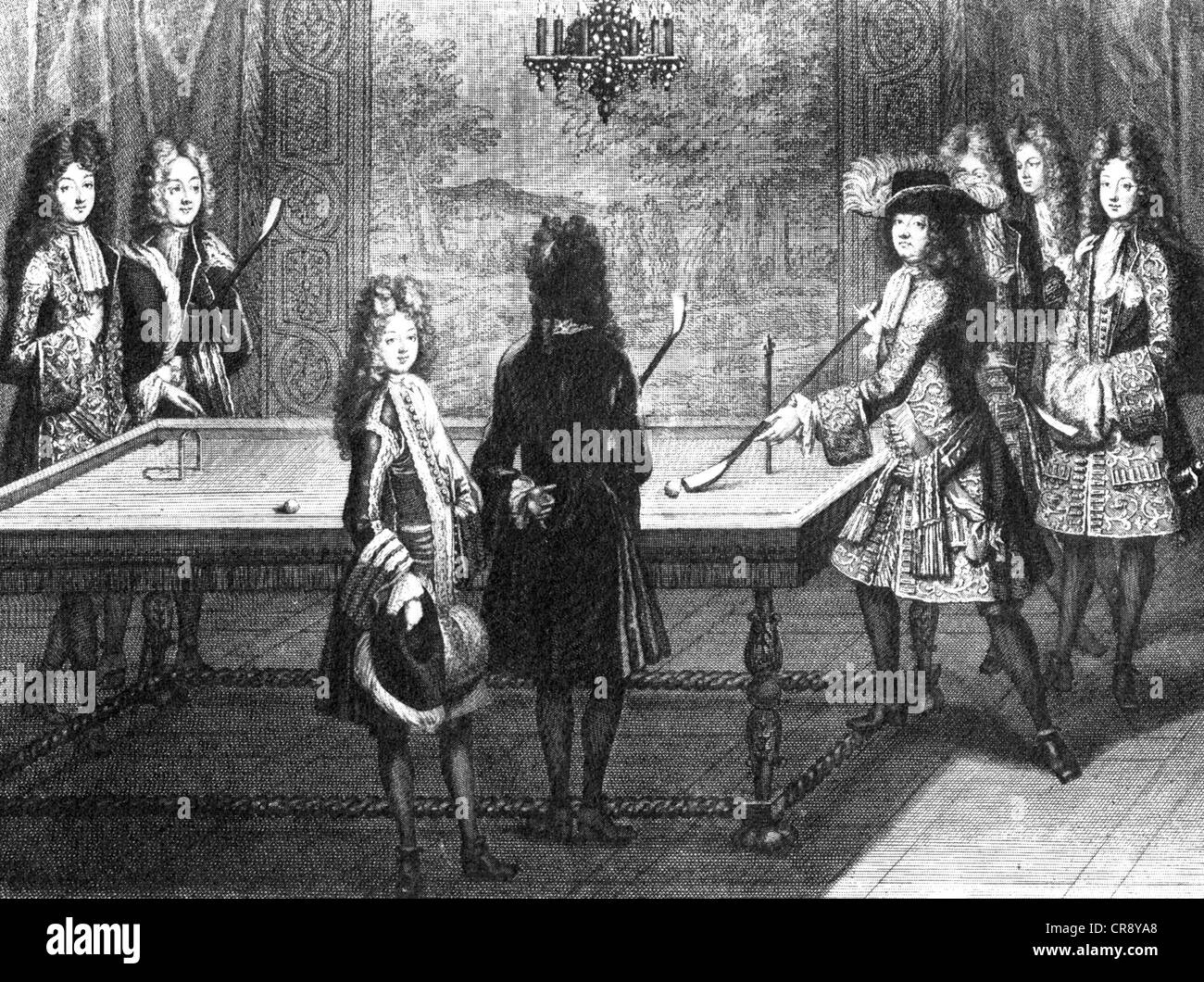 LOUIS XIV (1638-1715) della Francia la riproduzione di una prima forma di biliardo a Versailles nel 1694 Foto Stock