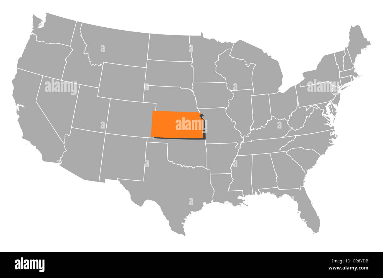 Mappa politica degli Stati Uniti con i vari Stati in cui Kansas è evidenziata. Foto Stock