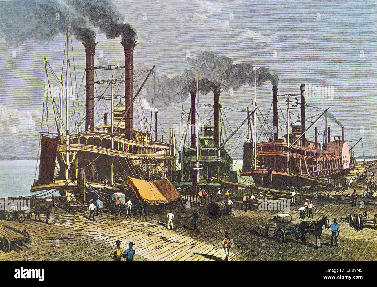 Fiume Mississippi barche di cotone di carico circa 1860 Foto Stock