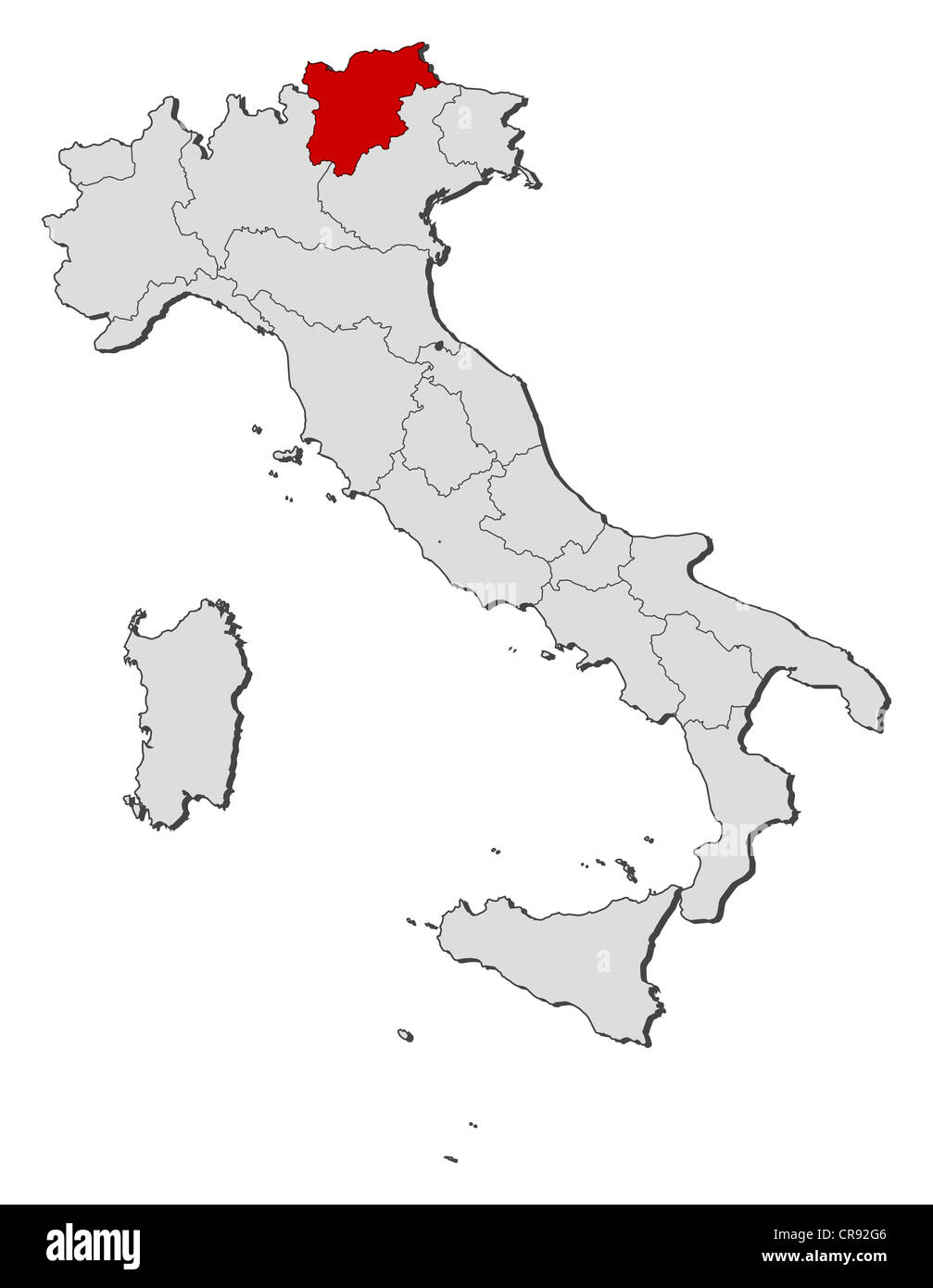 Mappa politica dell Italia con le diverse regioni dove il Trentino-Alto Adige/Südtirol è evidenziata. Foto Stock