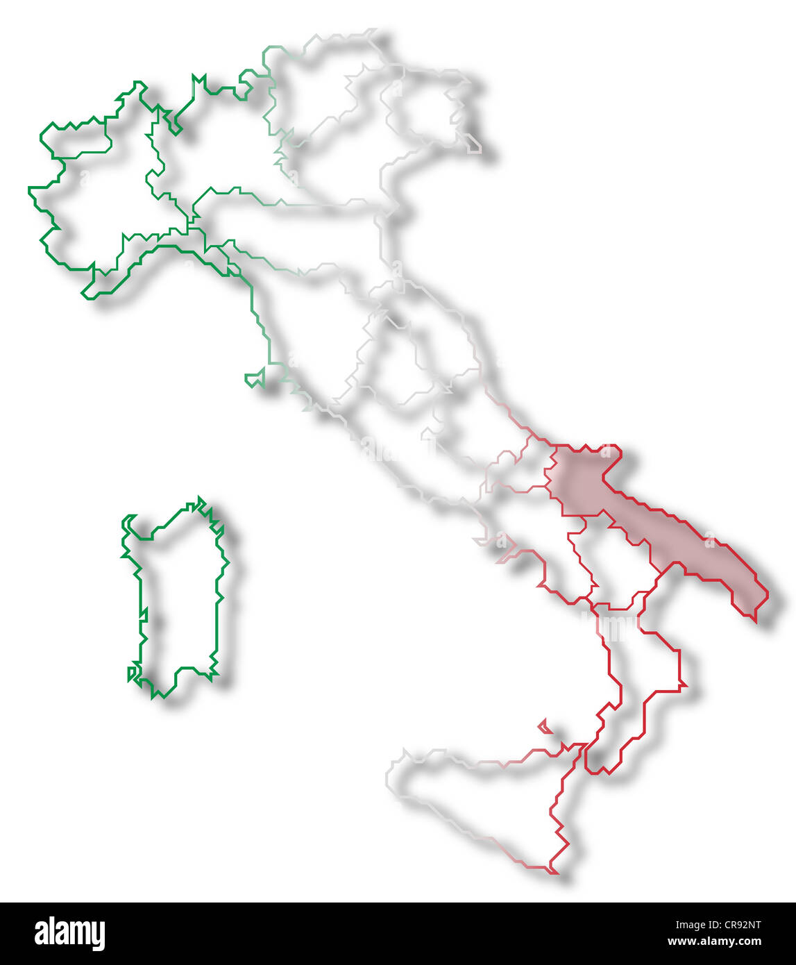 Mappa politica dell Italia con le diverse regioni in cui la Puglia è evidenziata. Foto Stock