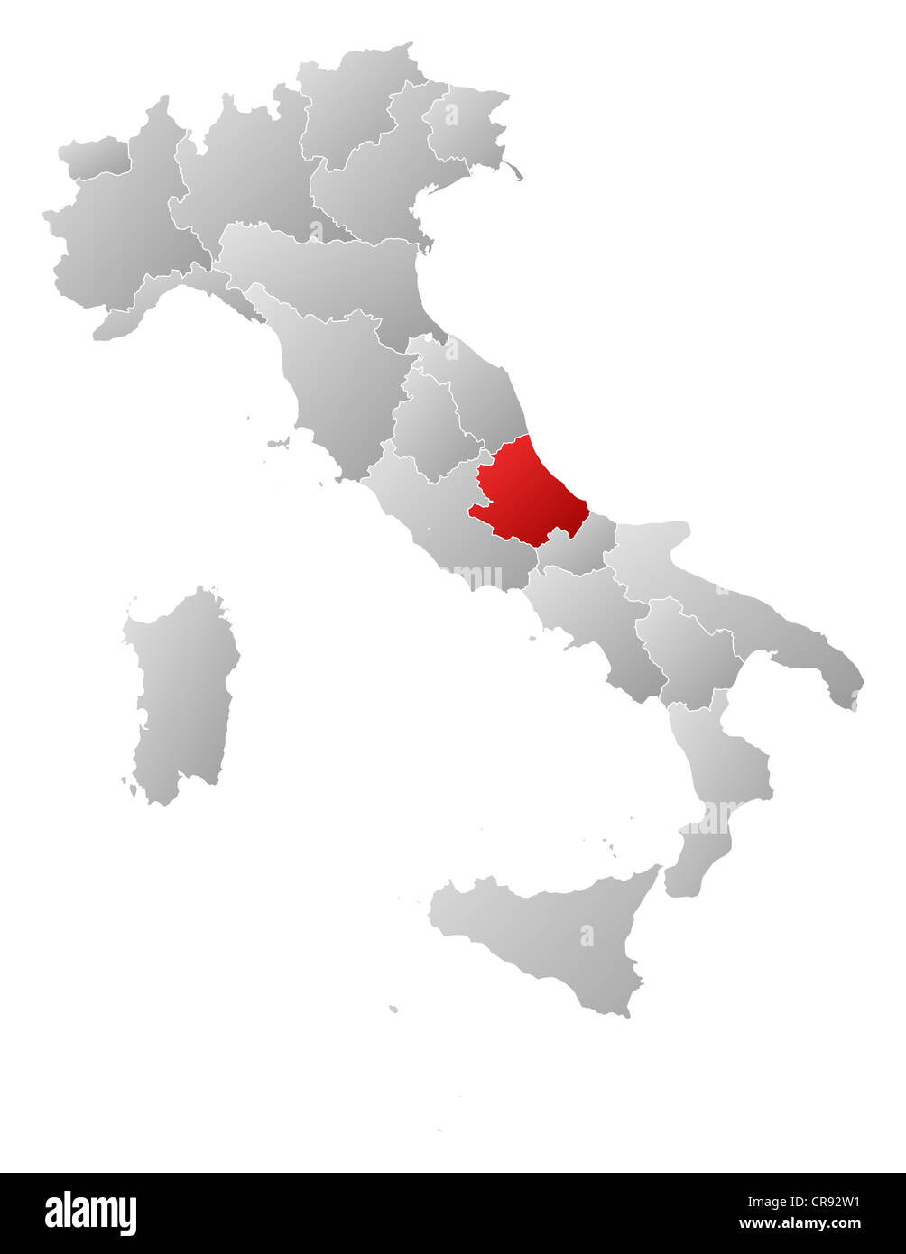 Mappa politica dell Italia con le diverse regioni in cui l'Abruzzo è evidenziata. Foto Stock