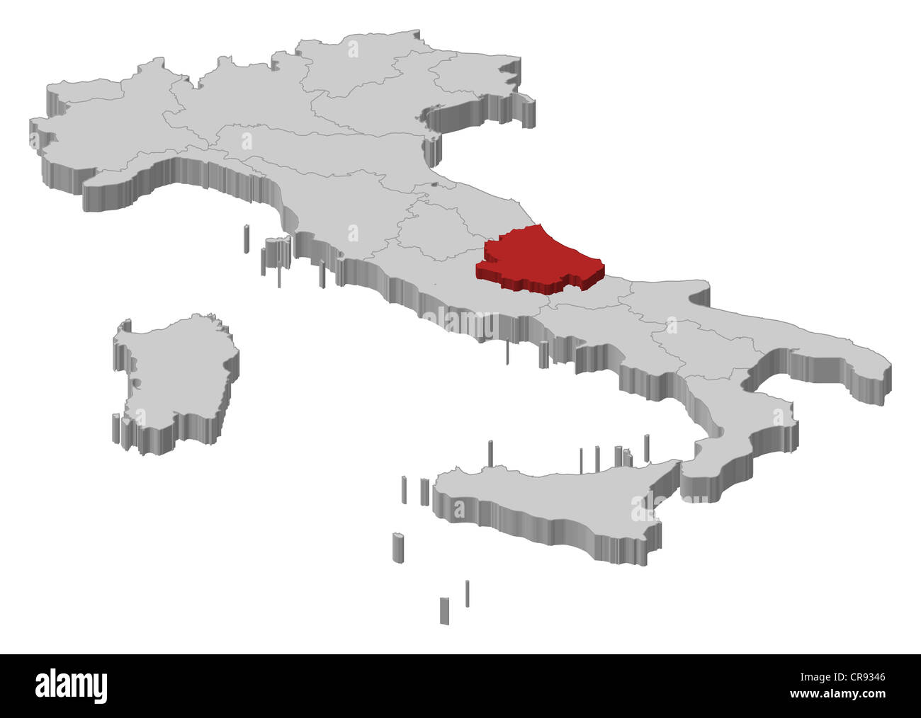 Mappa politica dell Italia con le diverse regioni in cui l'Abruzzo è evidenziata. Foto Stock