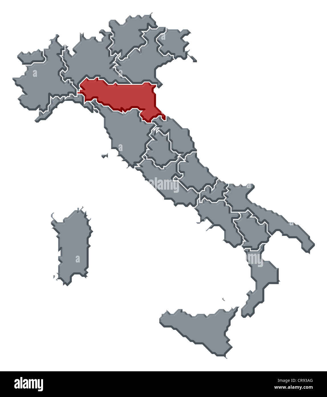 Mappa politica dell Italia con le diverse regioni in cui la Regione Emilia Romagna è evidenziata. Foto Stock