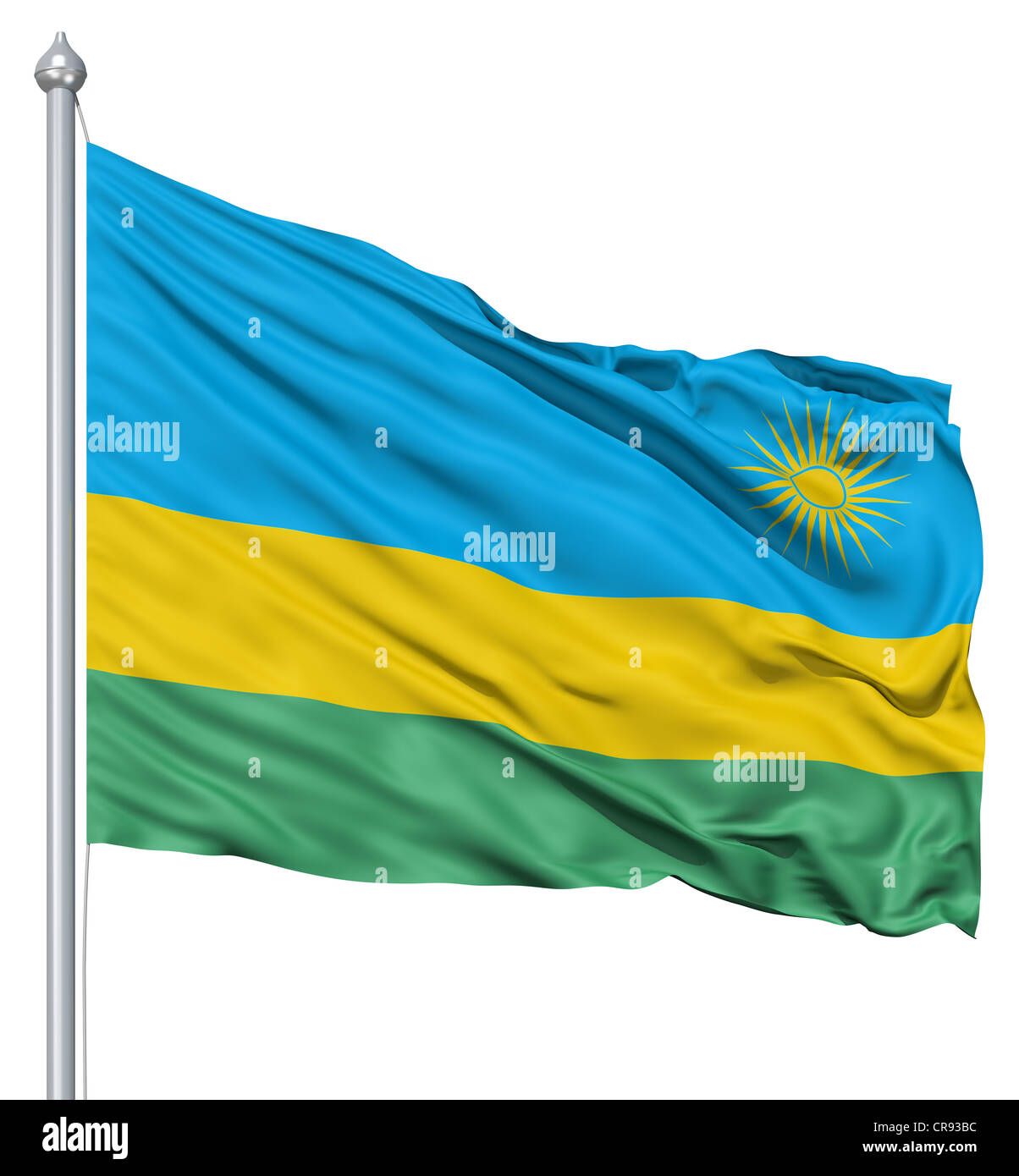 Bandiera del Ruanda con pennone sventolare nel vento contro uno sfondo bianco Foto Stock