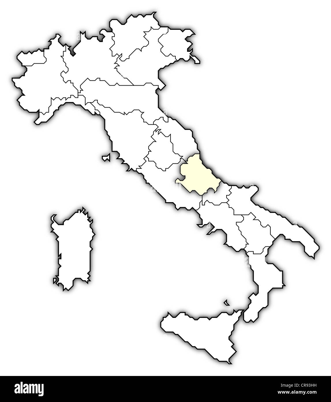 Mappa politica dell Italia con le diverse regioni in cui l'Abruzzo è evidenziata. Foto Stock