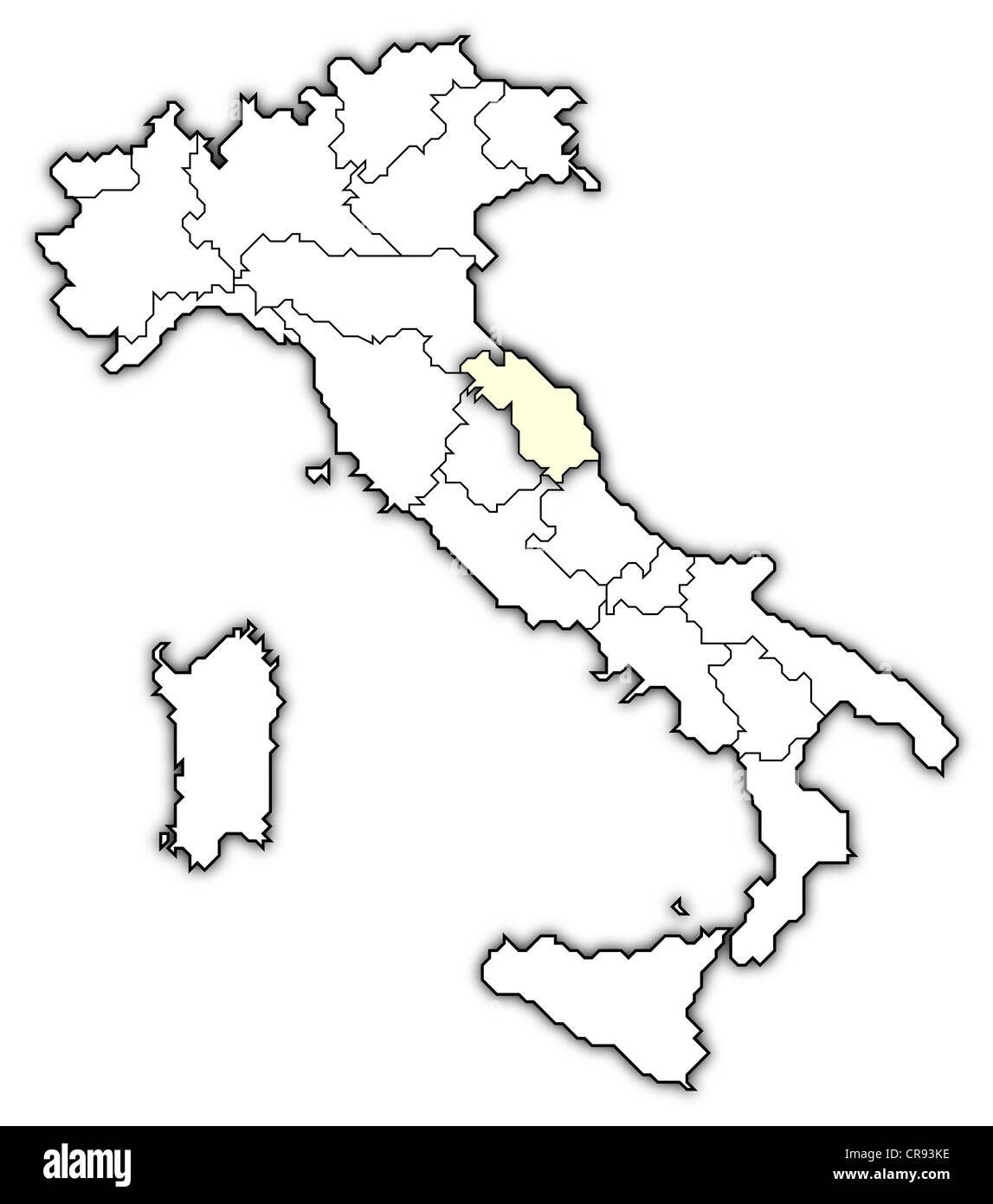 Mappa politica dell Italia con le diverse regioni in cui Marche è evidenziata. Foto Stock