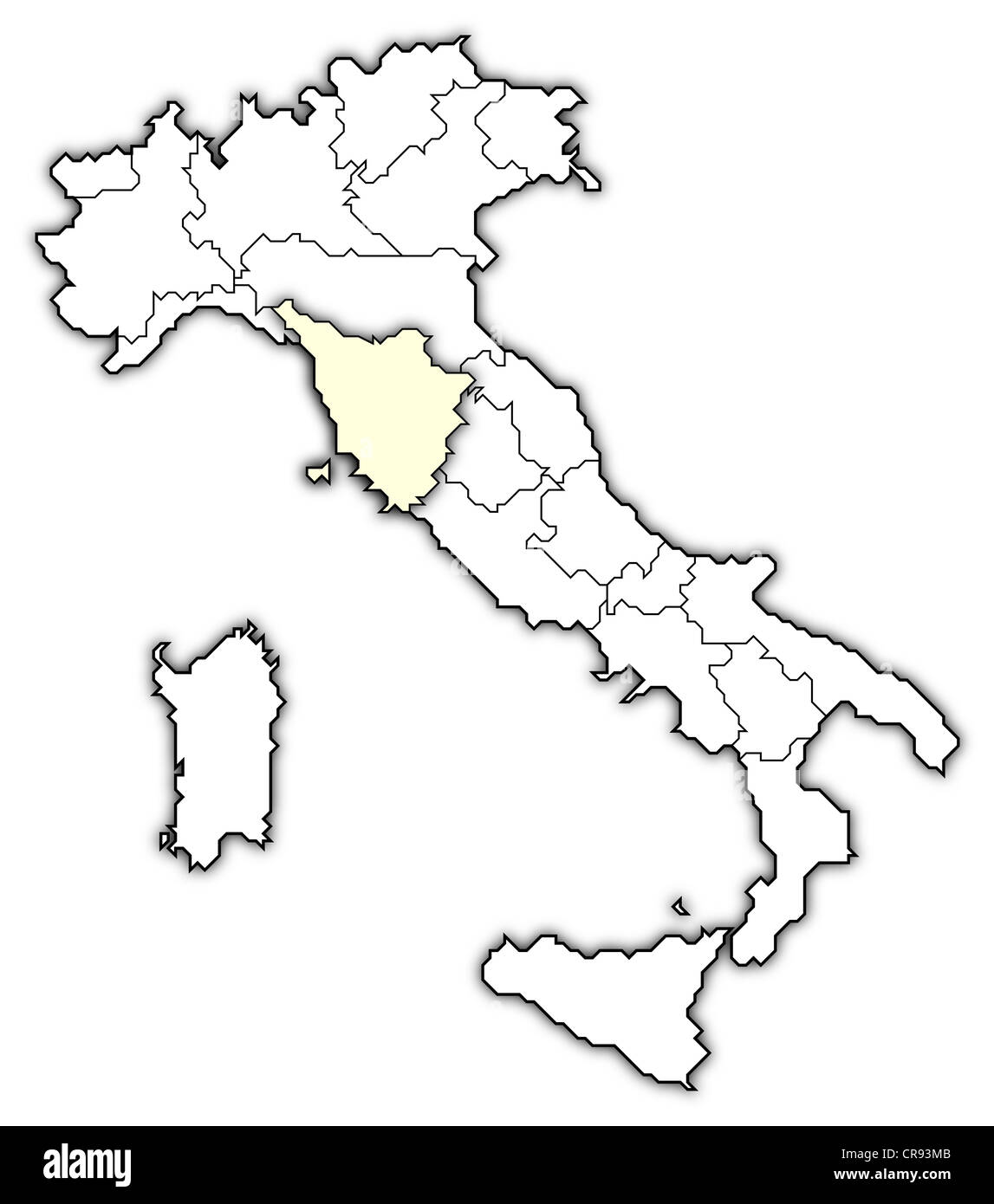 Mappa politica dell Italia con le diverse regioni dove la Toscana è evidenziata. Foto Stock