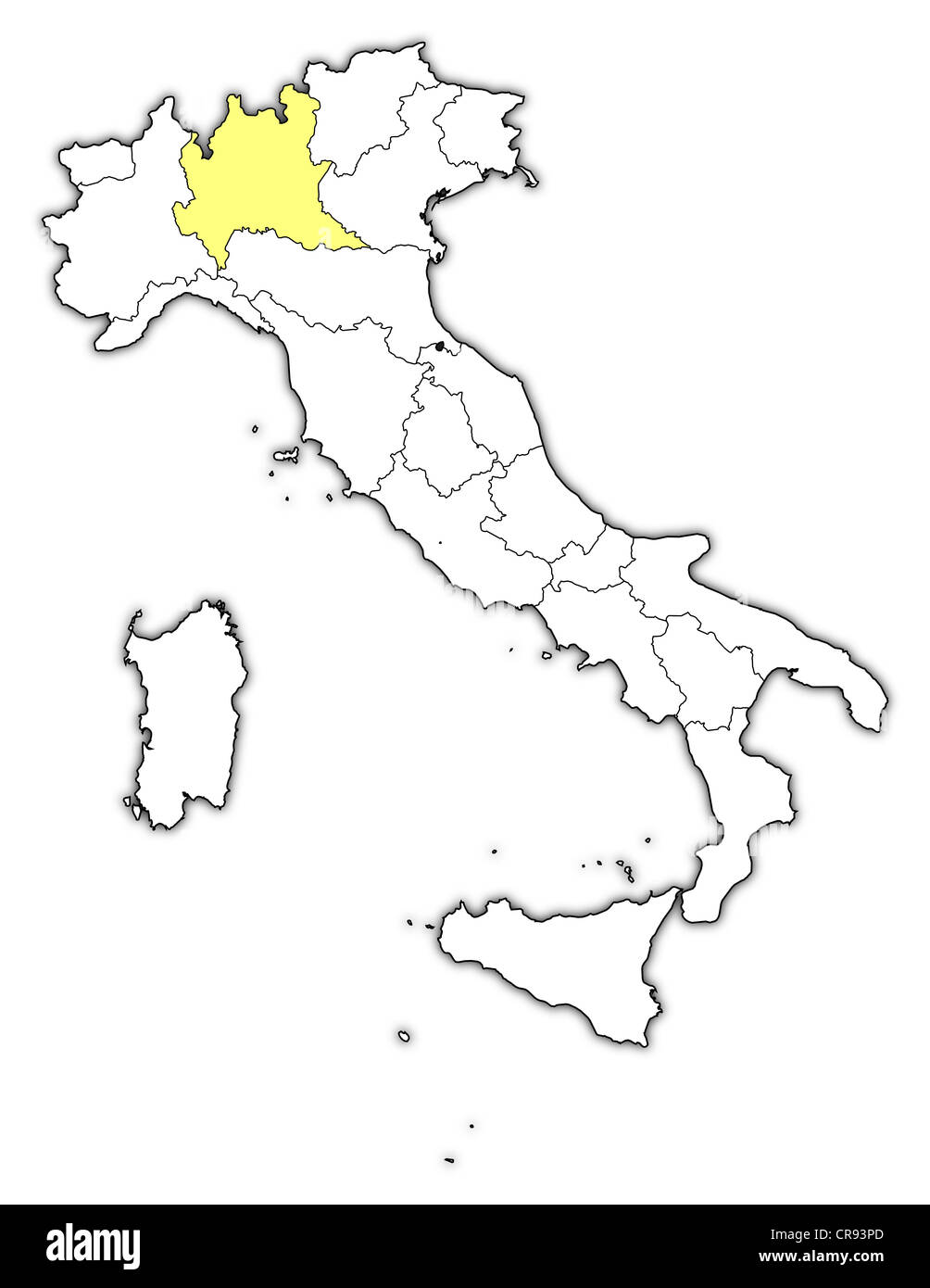 Mappa politica dell Italia con le diverse regioni dove la Lombardia è evidenziata. Foto Stock