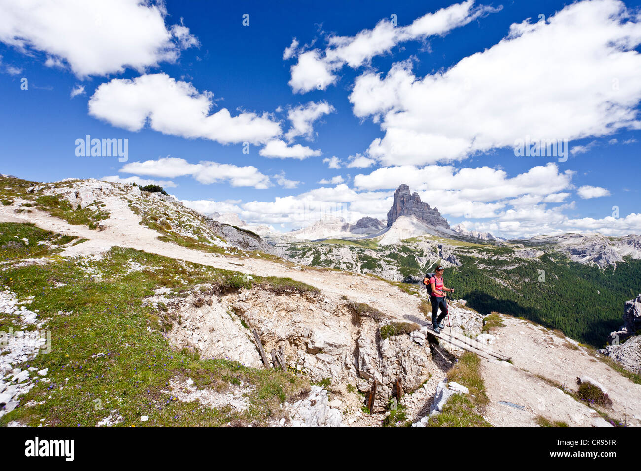 Scalatore in una trincea a Mt. Di Monte Piano nella Val Pusteria, Dolomiti, nel retro del Drei Zinnen o Tre Cime di Foto Stock