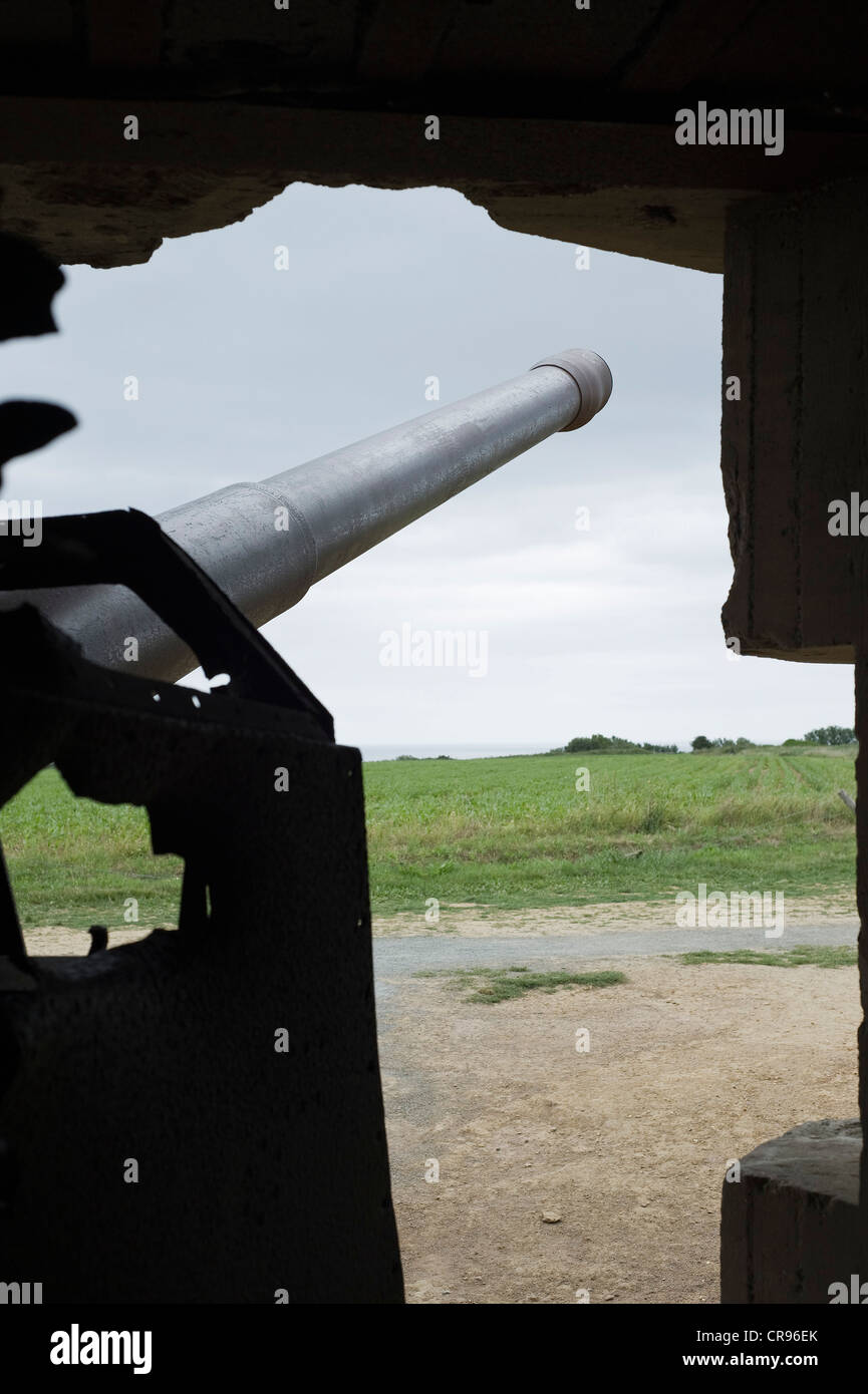Atlantic Wall, posizione tedesca, D-Day, 150 mm Krupp cannon, Longues sur Mer, in Normandia, Francia, Europa Foto Stock