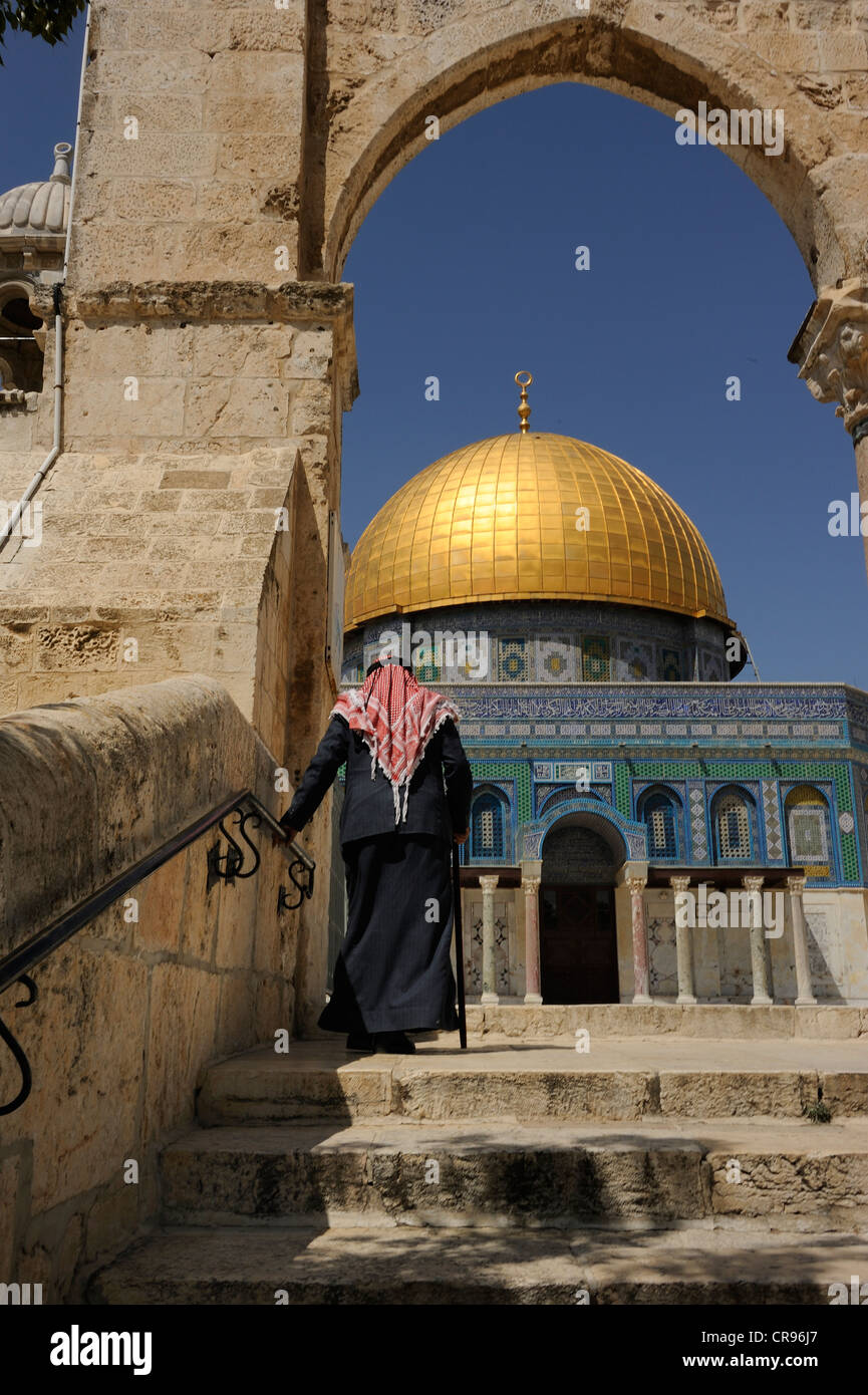 Il vecchio uomo palestinese che indossa una keffiyeh, montaggio kufiya le fasi alla Cupola della roccia, sul Monte del Tempio, il Quartiere Musulmano Foto Stock