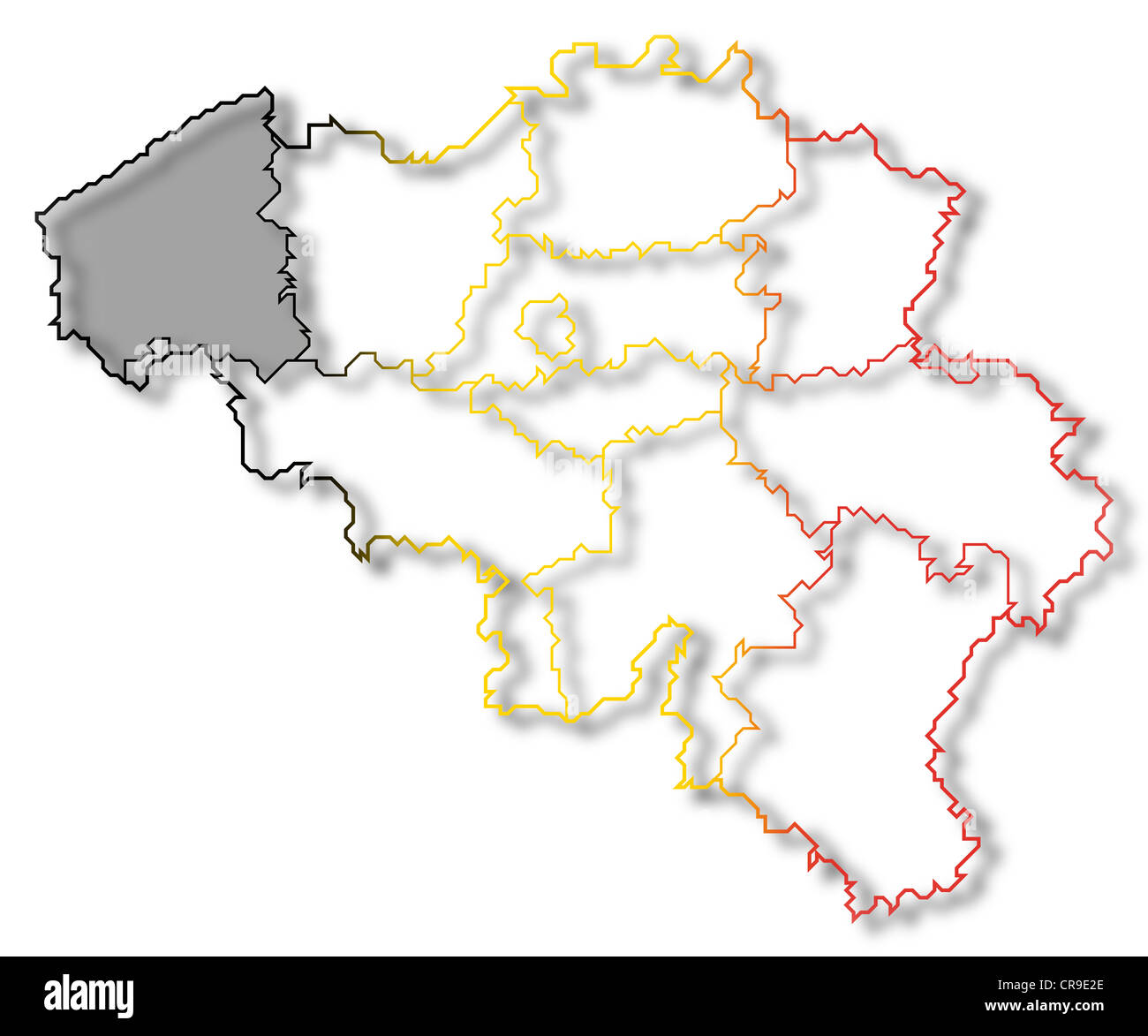 Mappa politico del Belgio con i vari Stati in cui West Flanders è evidenziata. Foto Stock