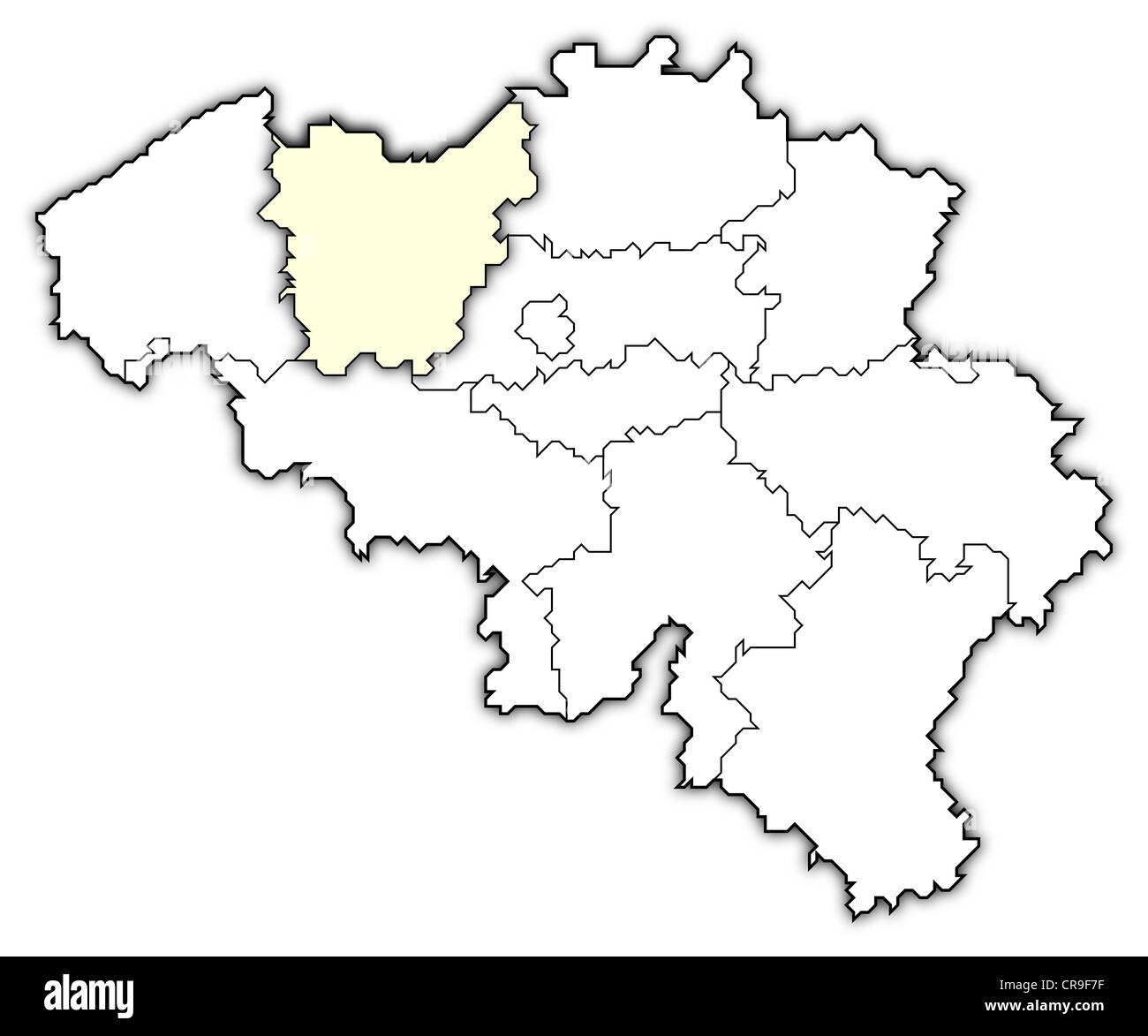 Mappa politico del Belgio con i vari Stati in cui Fiandre Orientali è evidenziata. Foto Stock