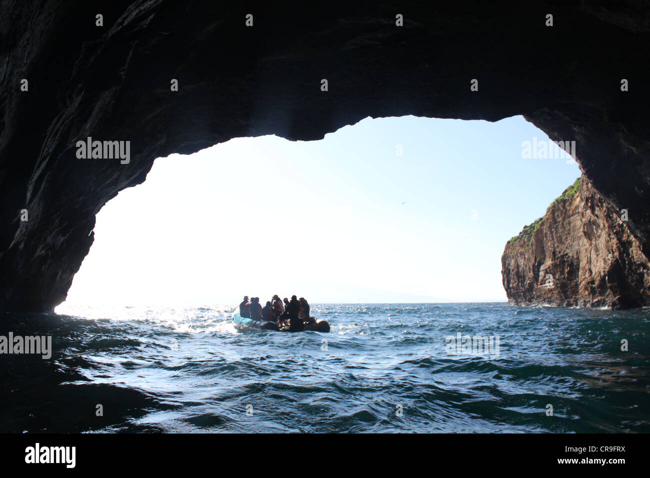 Piccola barca lasciando grotta sul Fernandina Island Galapagos Foto Stock