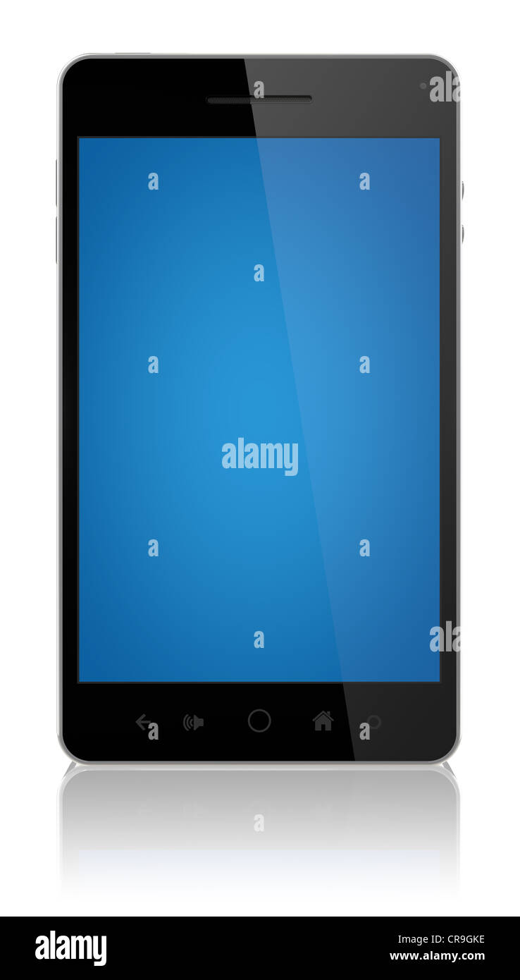Moderne smart phone con schermata blu isolato su bianco. Foto Stock