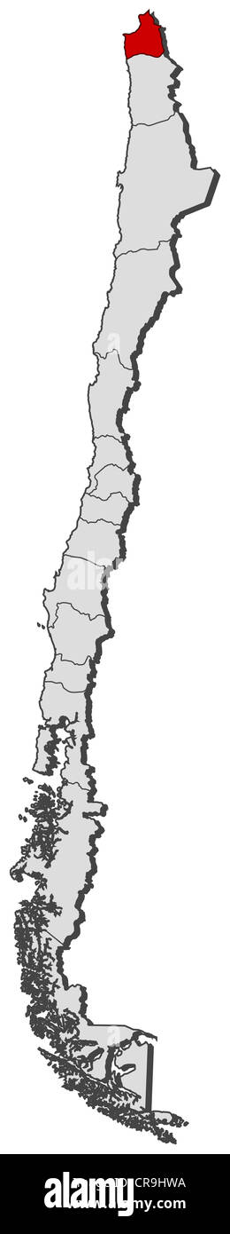 Mappa politica del Cile con le diverse regioni dove Arica e Parinacota Regione è evidenziata. Foto Stock