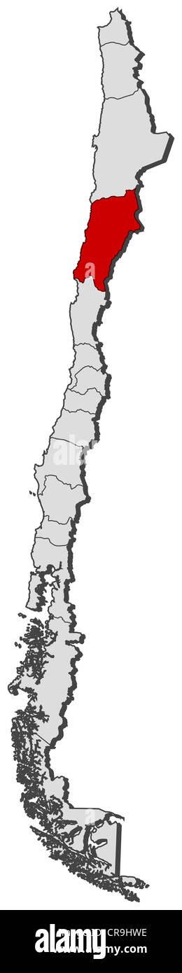 Mappa politica del Cile con le diverse regioni dove Atacama è evidenziata. Foto Stock
