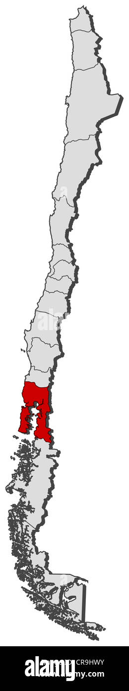 Mappa politica del Cile con le diverse regioni dove Los Lagos è evidenziata. Foto Stock