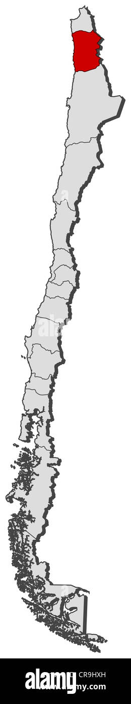 Mappa politica del Cile con le diverse regioni dove Tarapacá è evidenziata. Foto Stock