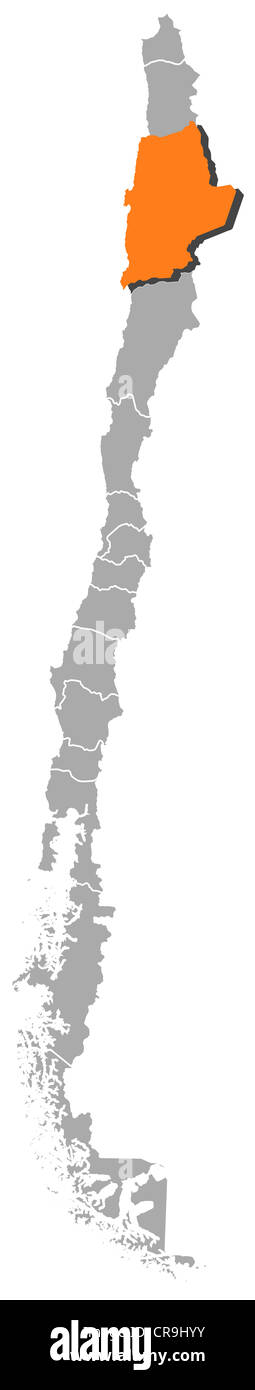 Mappa politica del Cile con le diverse regioni dove Antofagasta è evidenziata. Foto Stock