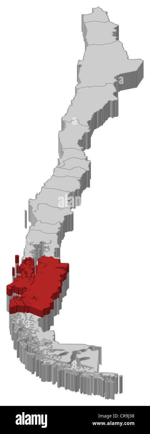 Mappa politica del Cile con le diverse regioni dove aisen è evidenziata. Foto Stock