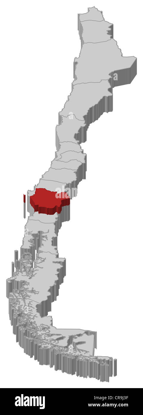 Mappa politica del Cile con le diverse regioni dove Araucanía è evidenziata. Foto Stock