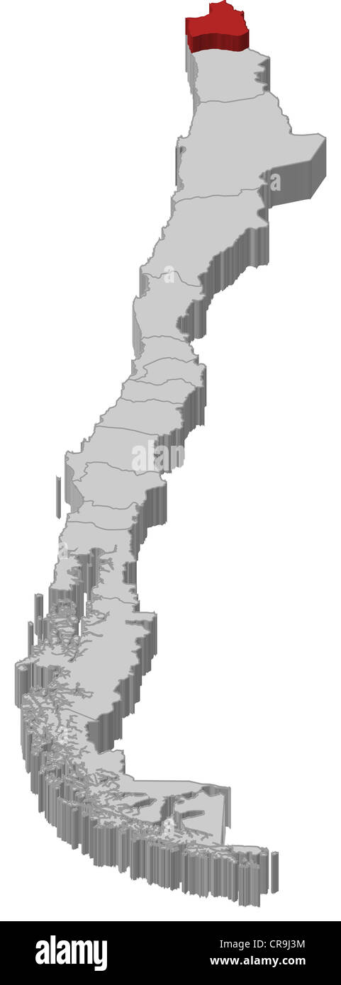 Mappa politica del Cile con le diverse regioni dove Arica e Parinacota Regione è evidenziata. Foto Stock