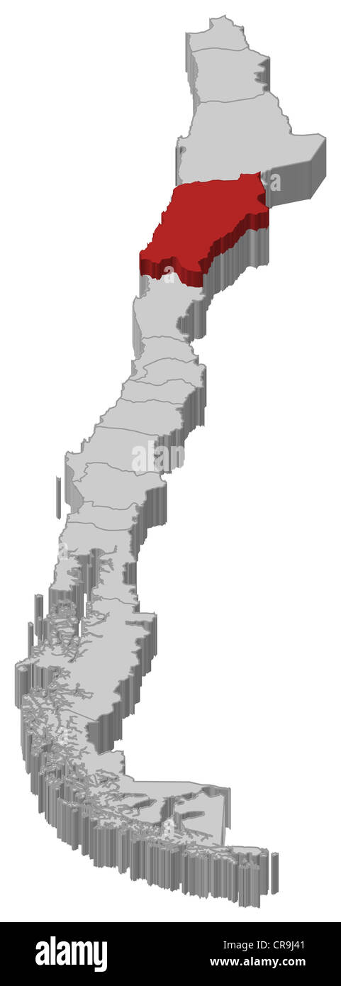 Mappa politica del Cile con le diverse regioni dove Atacama è evidenziata. Foto Stock