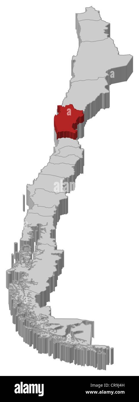 Mappa politica del Cile con le diverse regioni dove Coquimbo è evidenziata. Foto Stock